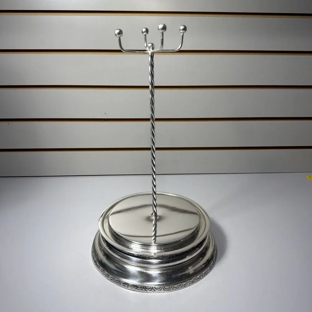 Pottery Barn Brushed Silver Jewelry Necklace Stand 14” Tall Engraved Design